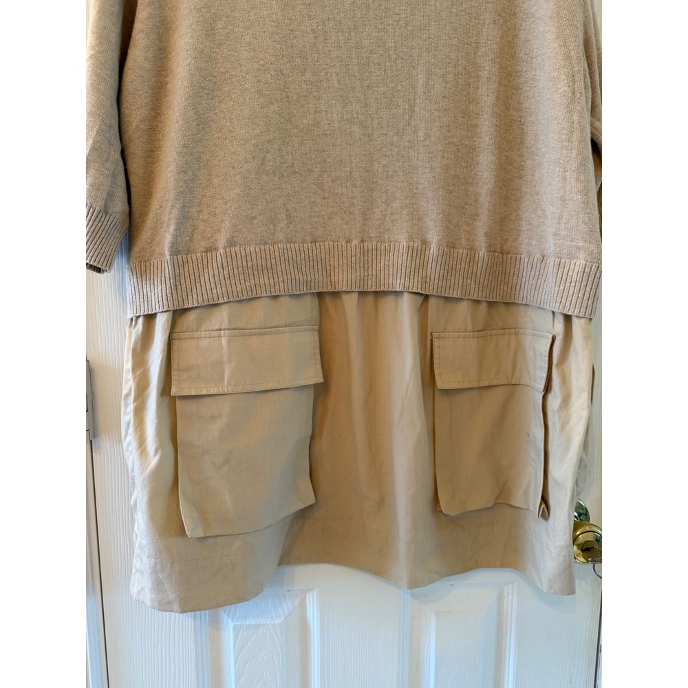 Peace of Cloth L Beige Mixed Media Sweater‎ Tunic Dress Cargo Pockets Cashmere - Picture 3 of 10